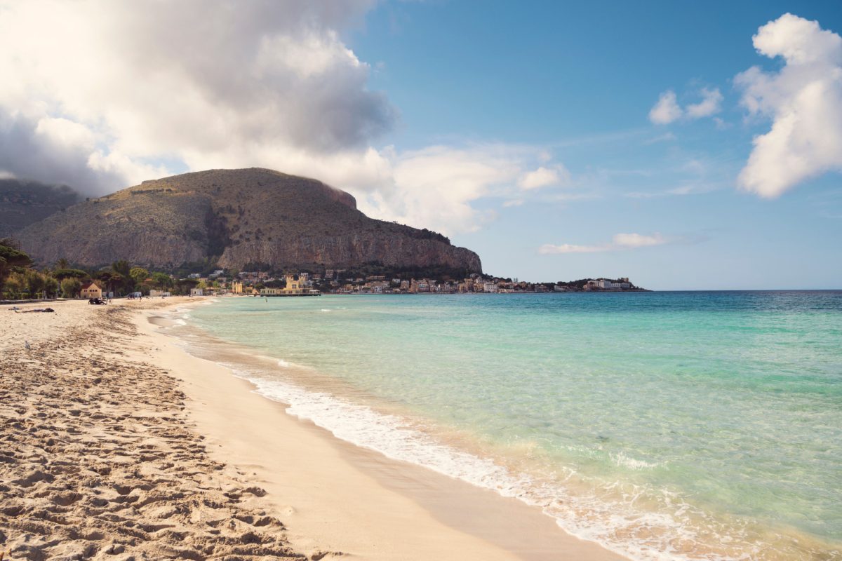 Panoramic view of the Mondello beach in Palermo, Sicily, Italy