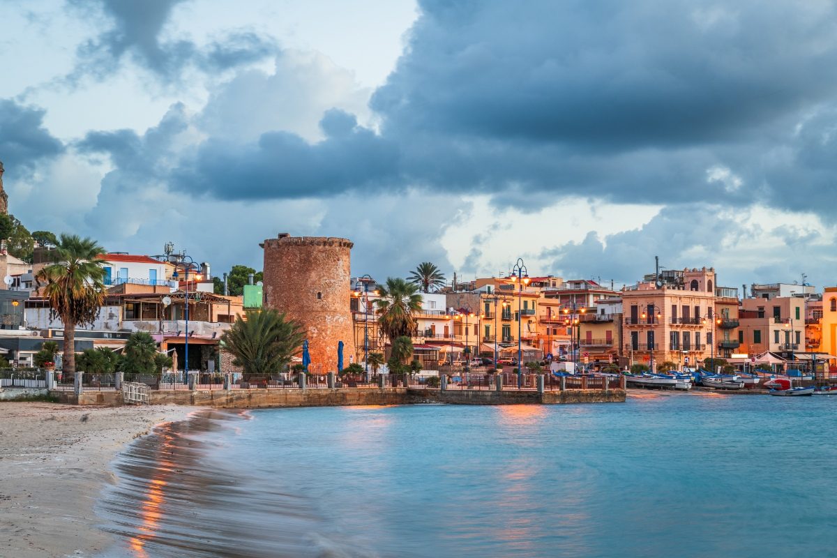 Panoramic view of the Mondello coastal suburb in Palermo, Sicily, Italy