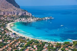 Aerial view of the Mondello beach and in Palermo, Sicily, Italy