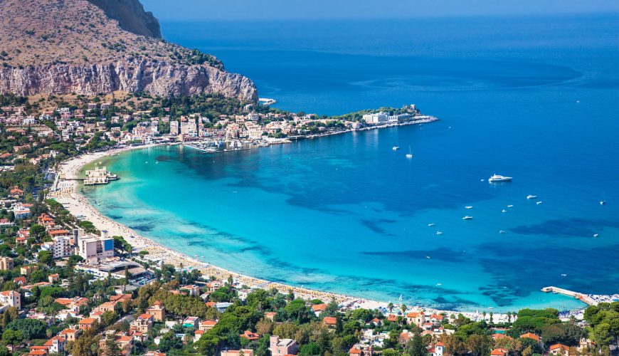 Aerial view of the Mondello beach and in Palermo, Sicily, Italy