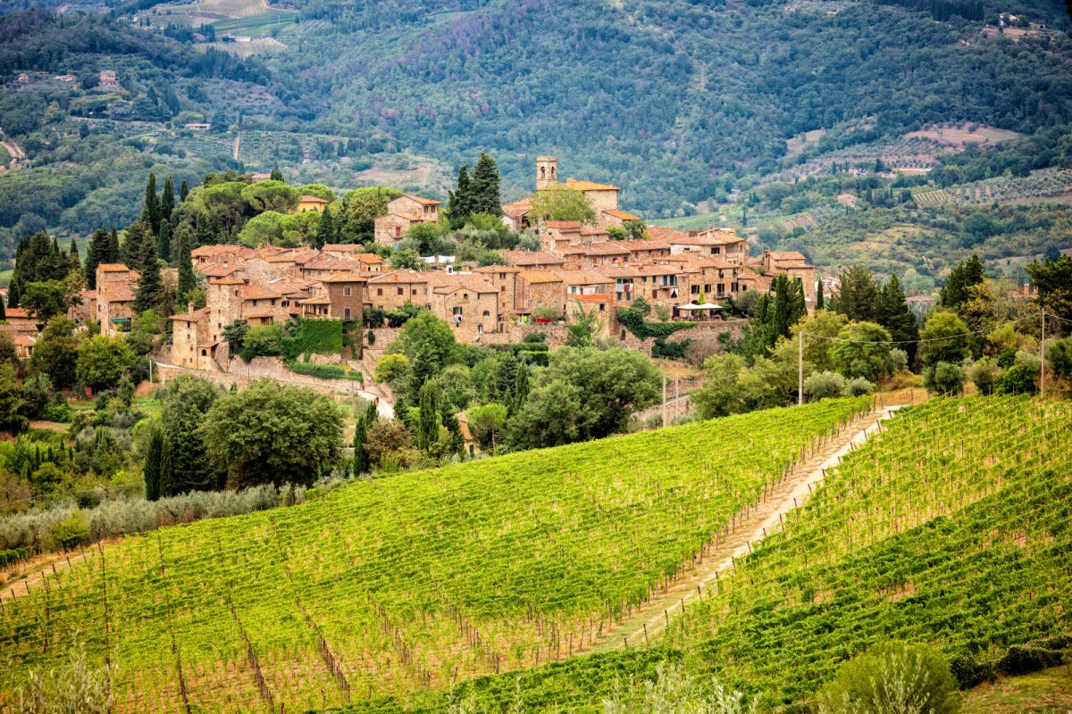 Panoramic view of the Montefioralle town in Tuscany, Italy