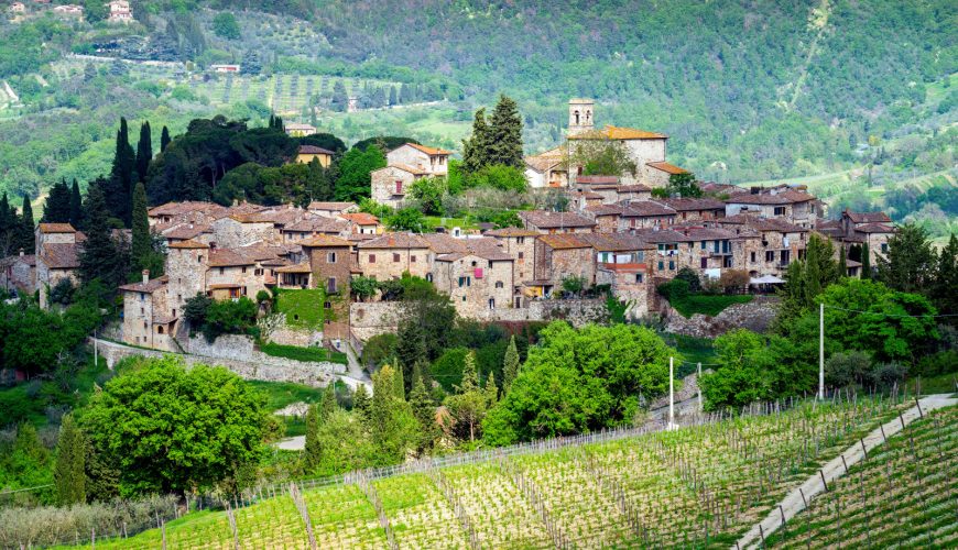 Panoramic view of the Montefioralle and vineyards in Tuscany, Italy