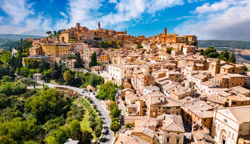 Aerial view of Montepulciano cityscape in Tuscany, Italy