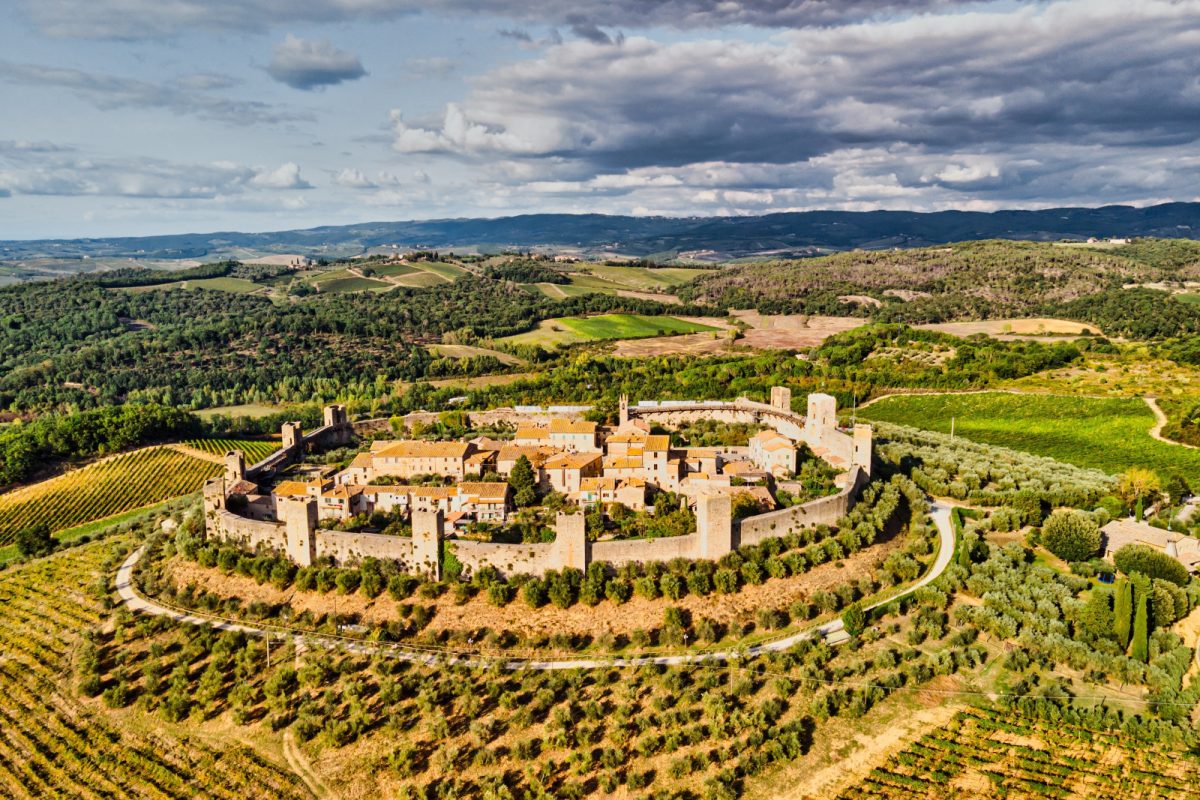 Aerial view of the Monteriggioni Walled City in Italy 