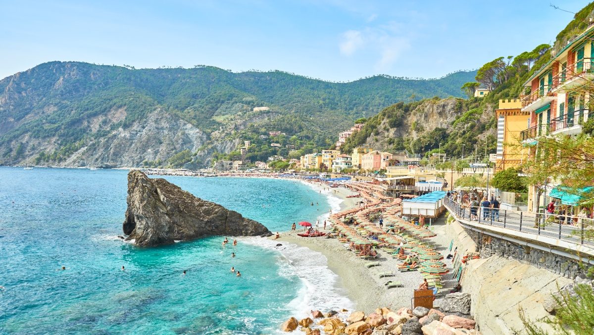 Panoramic view of the Monterosso al Mare beach town at Cinque Terre National Park in Liguria, Italy