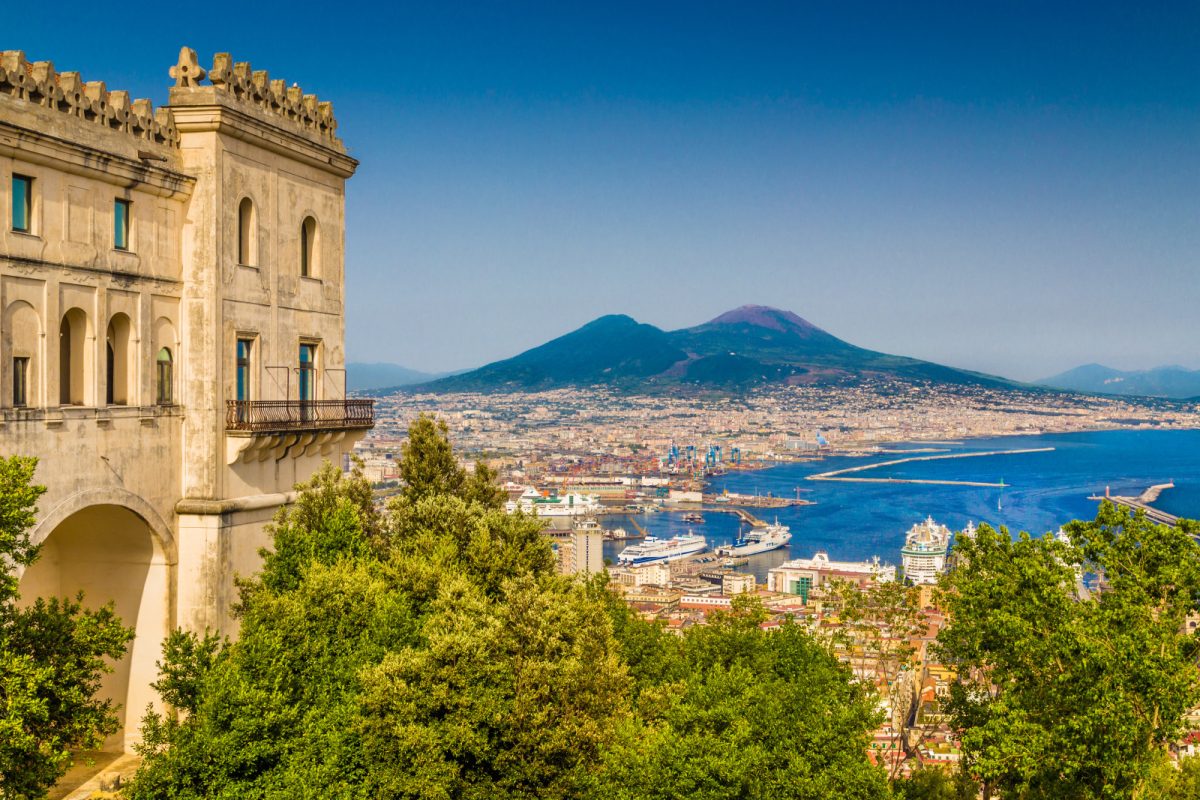 Panoramic view of the Naples Bay and Mount Vesuvius in Campania, Italy