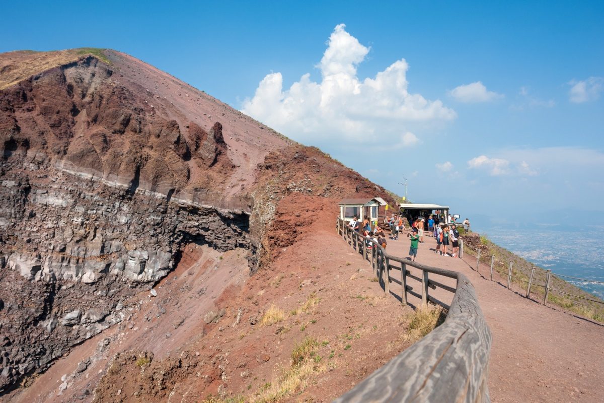 Tourists hiking the Mount Vesuvius in Italy