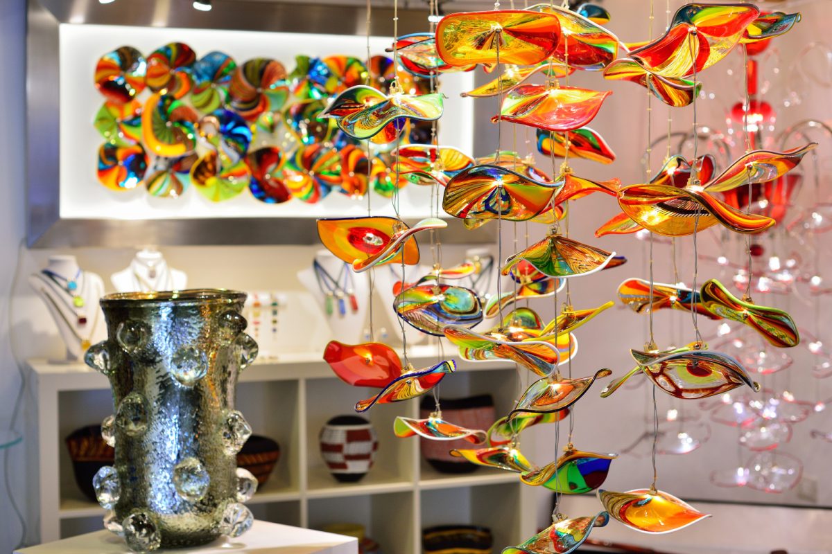 Murano glass display and the interior of the Venetian shop in Venice, Italy