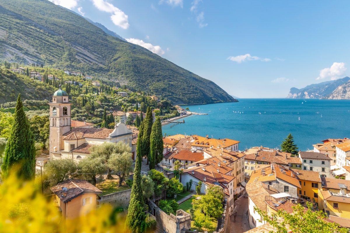 Aerial view of the Nago–Torbole townscape on Lake Garda, Italy