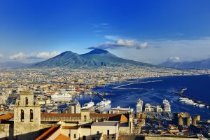 Panoramic view of Naples cityscape and Mount Vesuvius