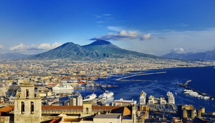 Panoramic view of Naples cityscape and Mount Vesuvius