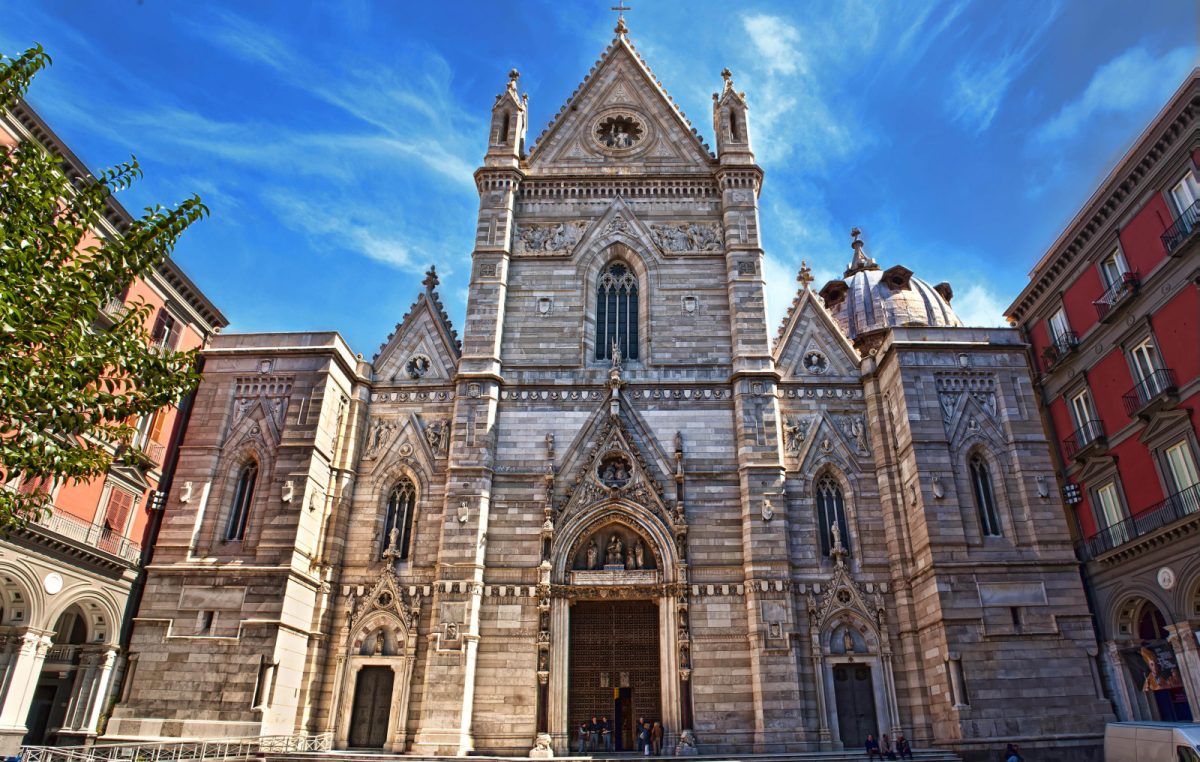 Front and exterior of the Naples Cathedral or the Duomo di Napoli in Naples, Italy