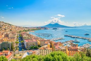 Panoramic view of Naples cityscape, Naples gulf, and Mt Vesuvius in Italy