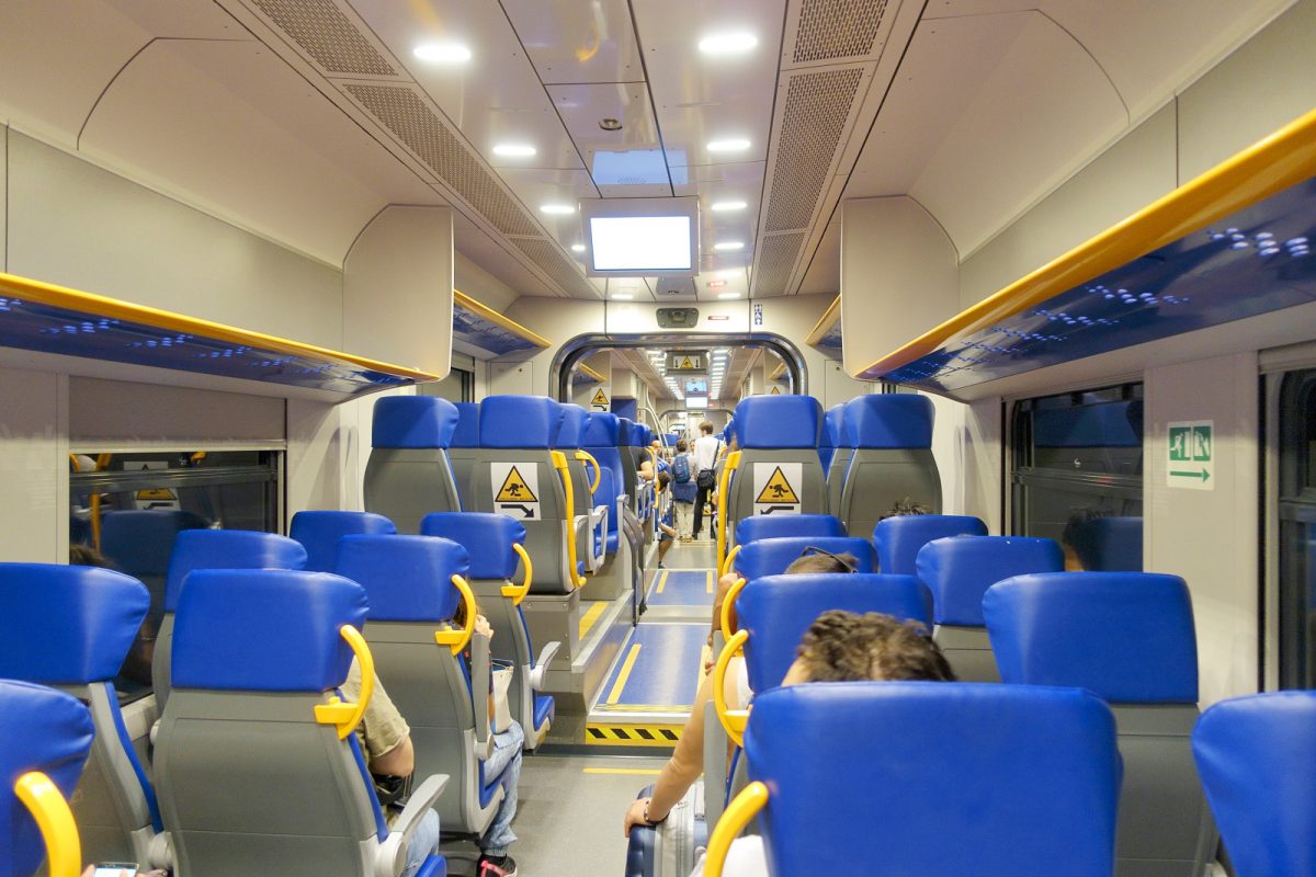 Inside and the interior of a metro train in Naples, Italy