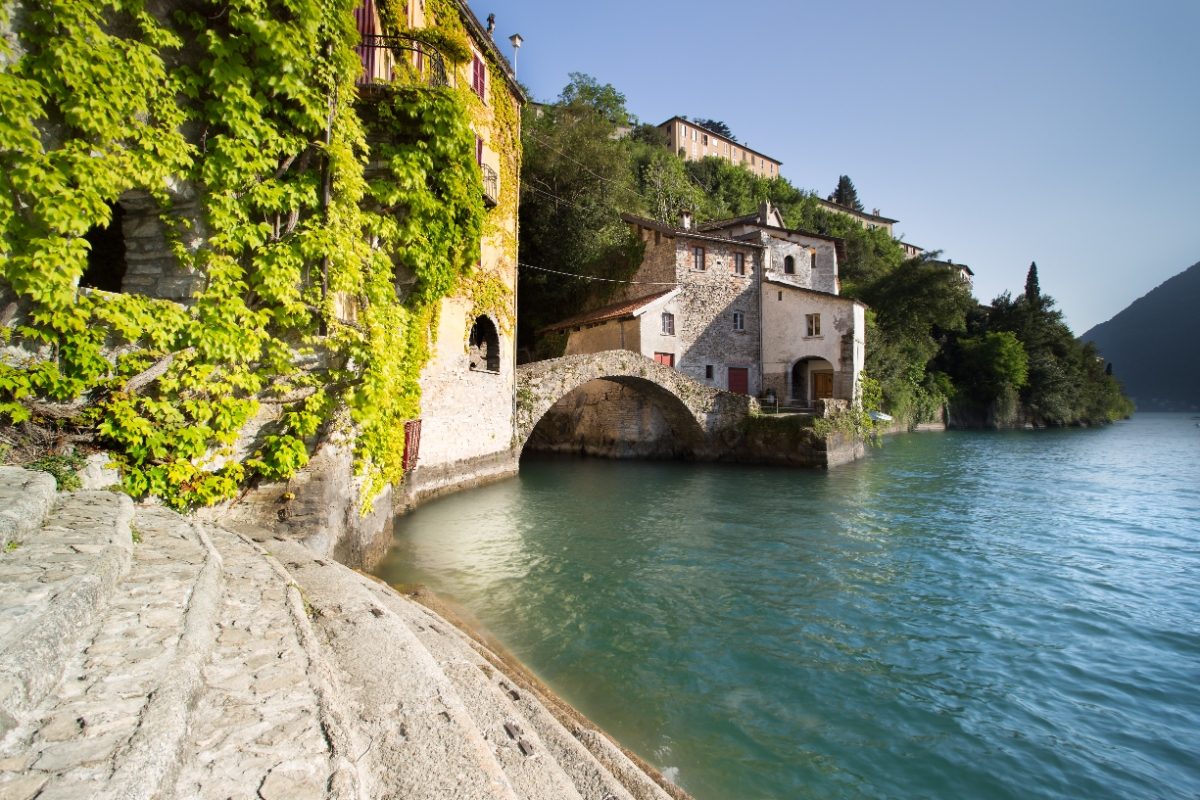 Panoramic view of the villas at Nesso village in Lake Como, Italy