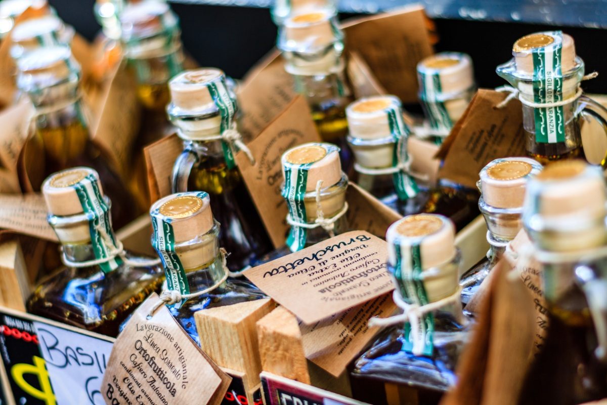 Bottles of olive oil in a local market in Sorrento, Italy