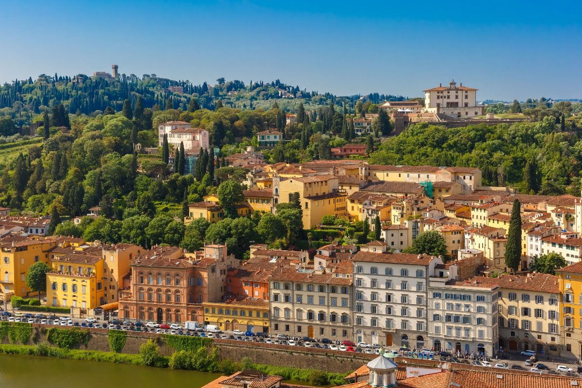 Aerial view of the Oltrarno and Fort Belvedere in Florence, Italy