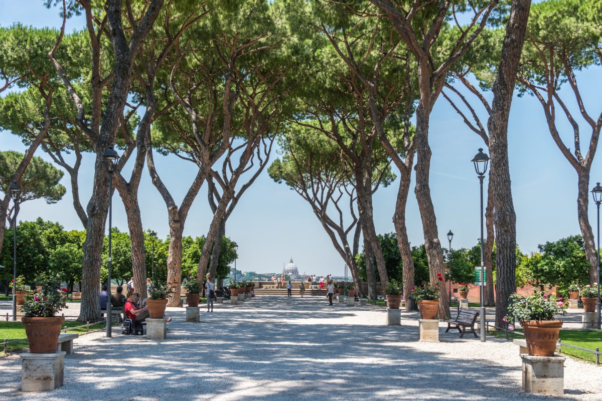 Pathway and benches at Orange Trees Garden or the Giardino degli Aranci in Rome, Italy