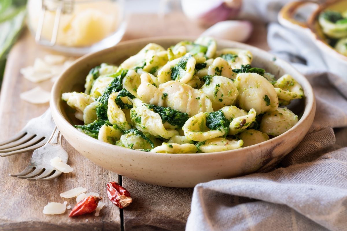 Close-up of Puglia, Italy Orecchiette pasta with broccoli rabe