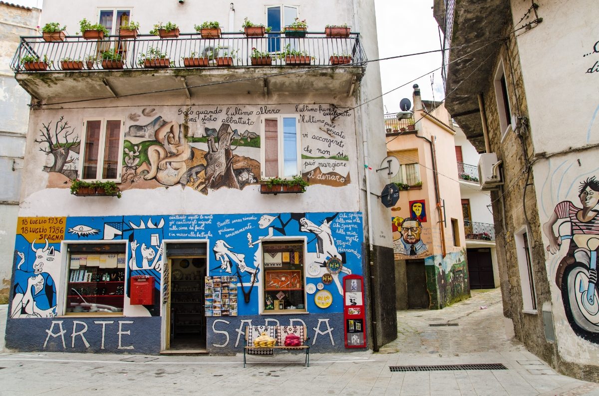 Colorful street murals and paintings of Orgosolo in Province of Nuoro, Sardinia, Italy