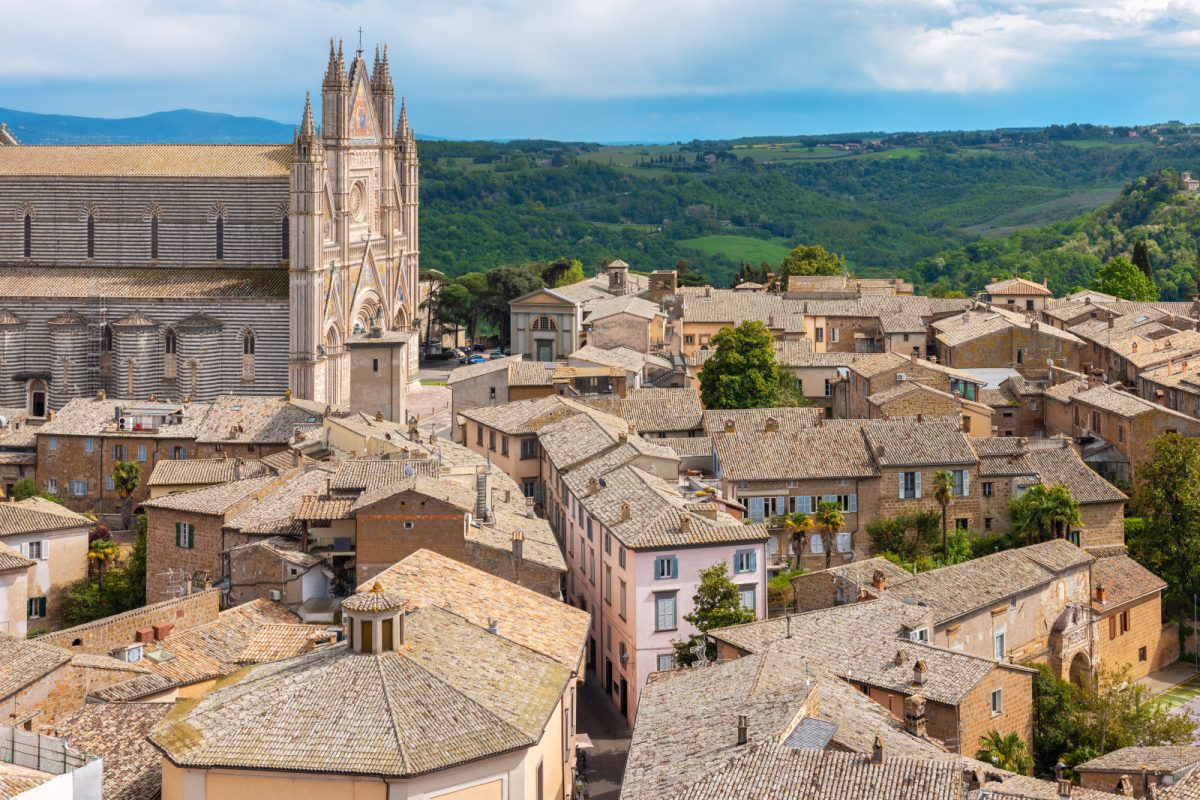 Aerial view of the streets, architecture, houses in Orvieto town, Italy