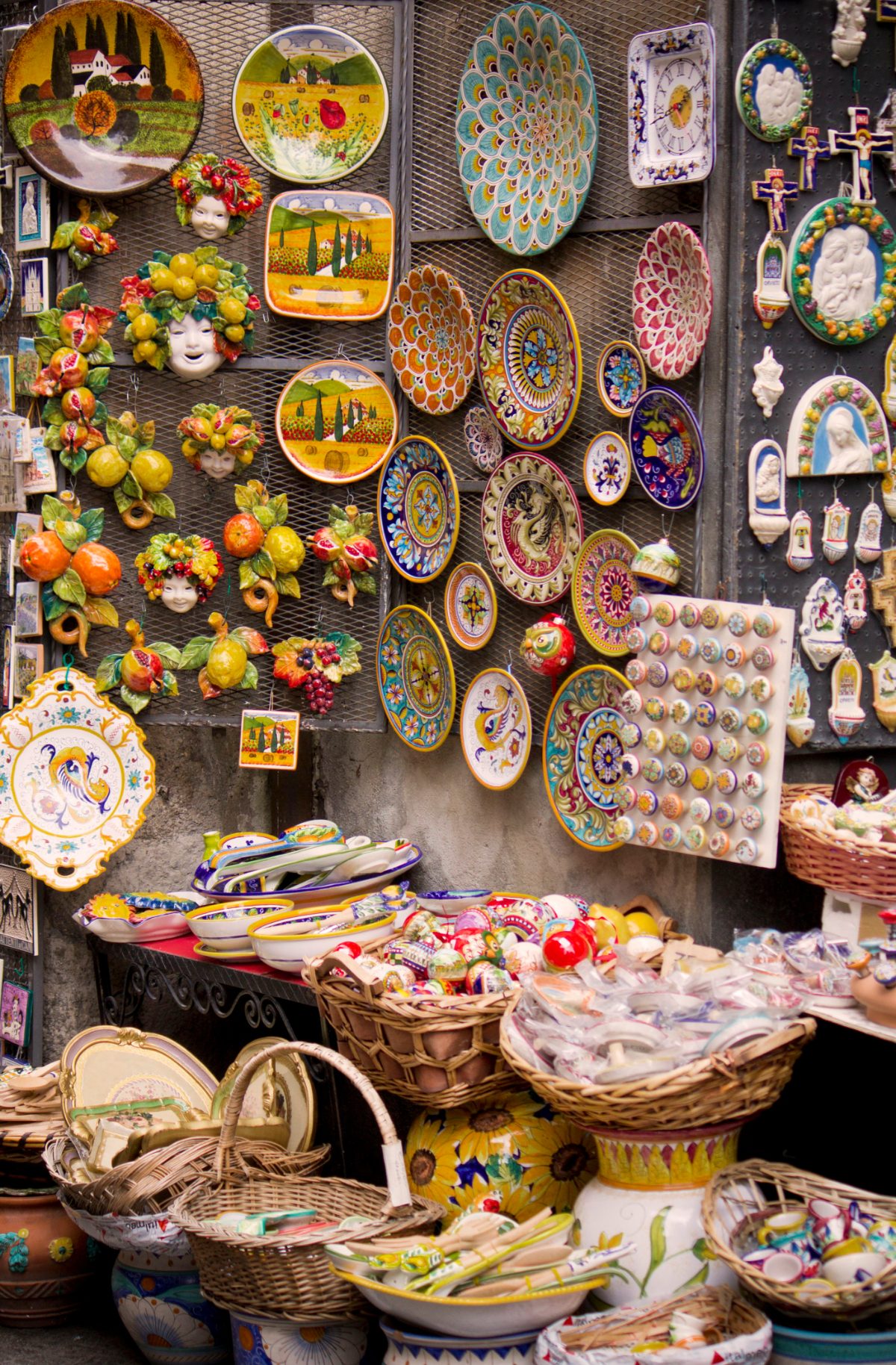 Different colorful ceramics in a shop at Orvieto, Umbria, Italy