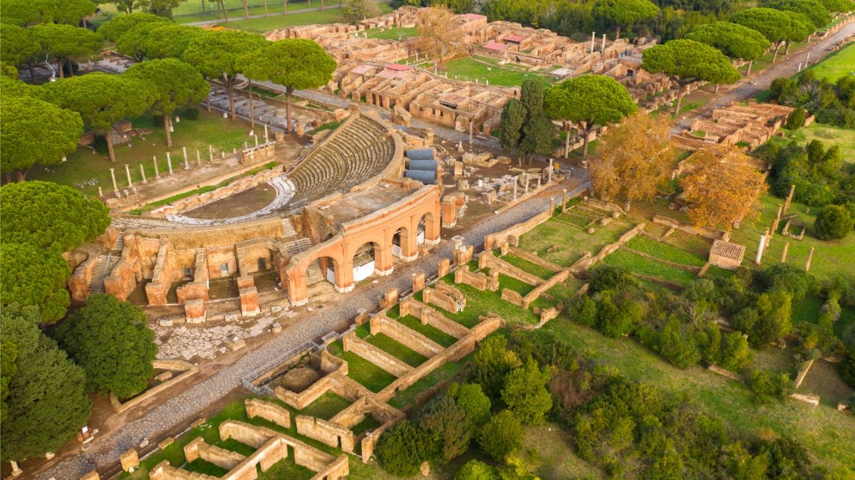 Aerial view of the Roman theater at Ostia Antica, a vast and historically significant archaeological site