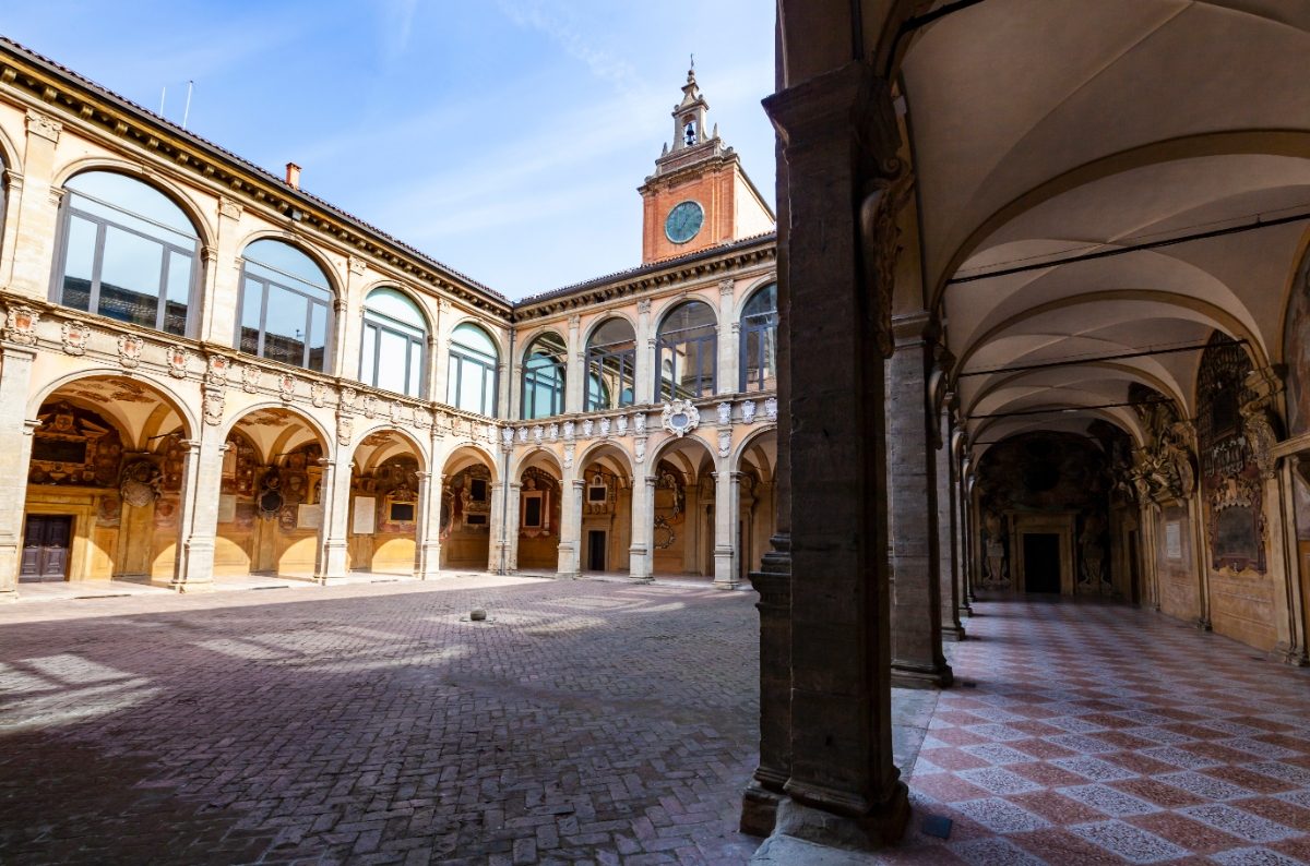 Architecture of the Bologna Municipal Library in the Palazzo dell’Archiginnasio, Bologna, Italy