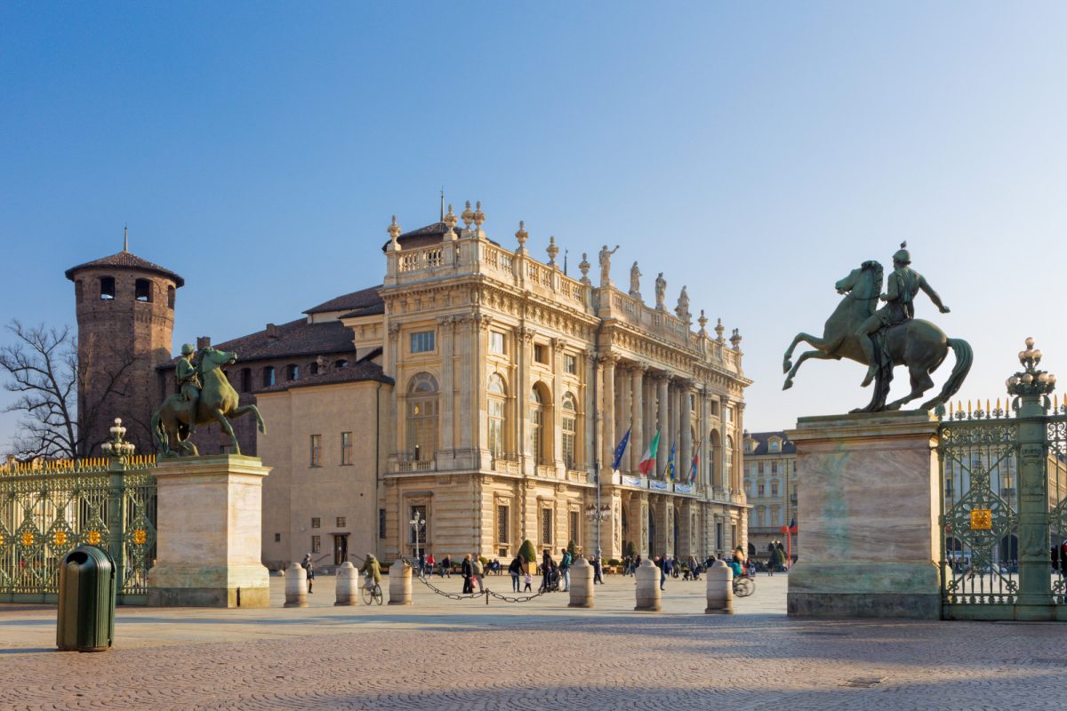 Panoramic view of the Palazzo Madama and Palazzo Reale at Piazza Castello square in Turin, Italy