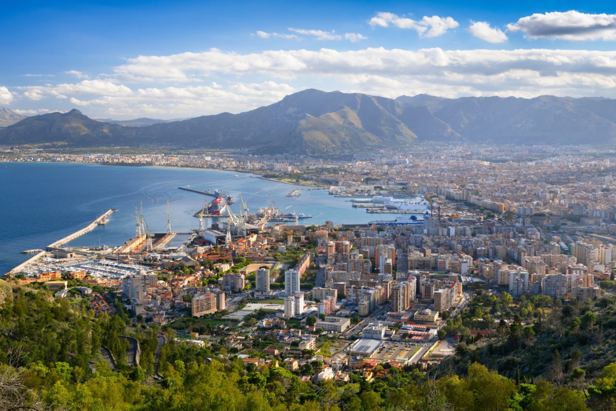 Aerial view of Palermo, Italy, port, and ocean view