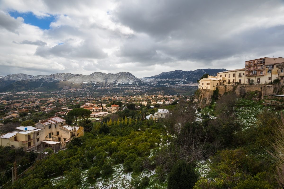 The outskirts of Palermo, Italy, lightly dusted with snow