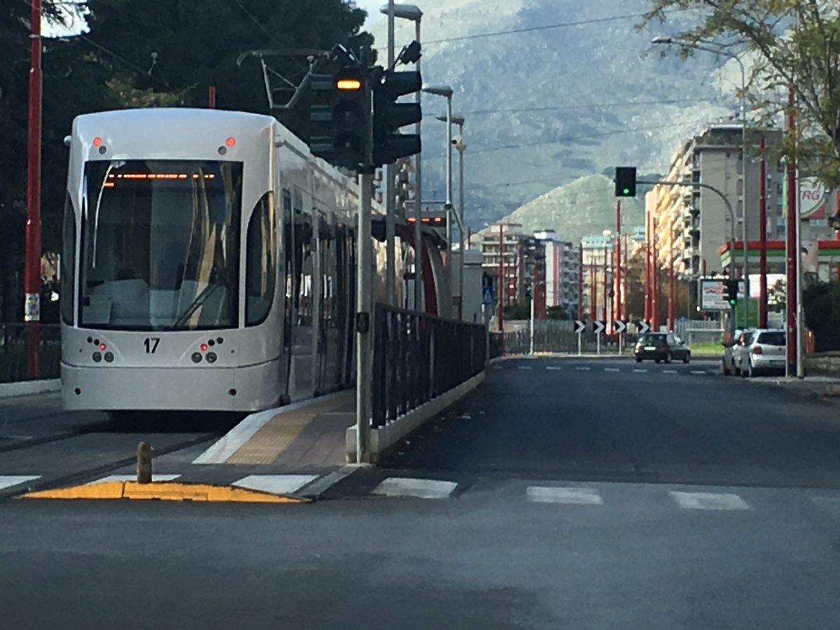 White tram in Palermo, Sicily, Italy