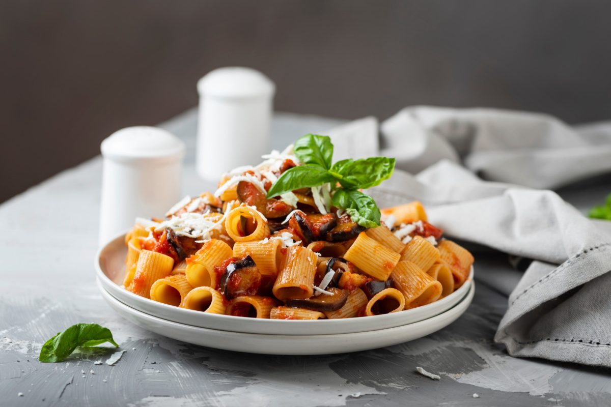 Close-up of the traditional Pasta alla Norma Italian dish