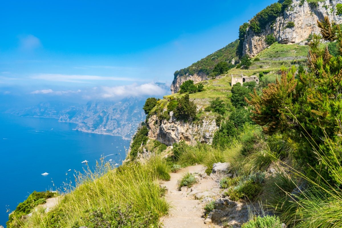 Path of the Gods hiking trail and coastline view in Amalfi Coast, Italy