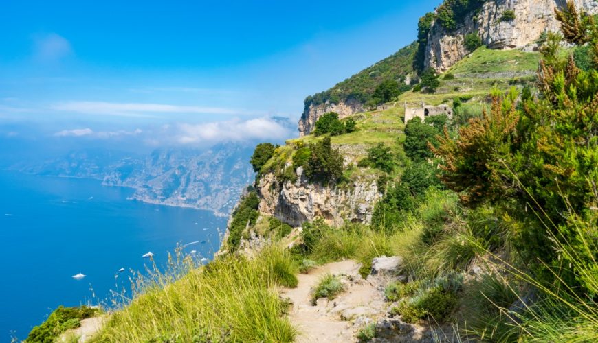 Path of the Gods hiking trail and coastline view in Amalfi Coast, Italy