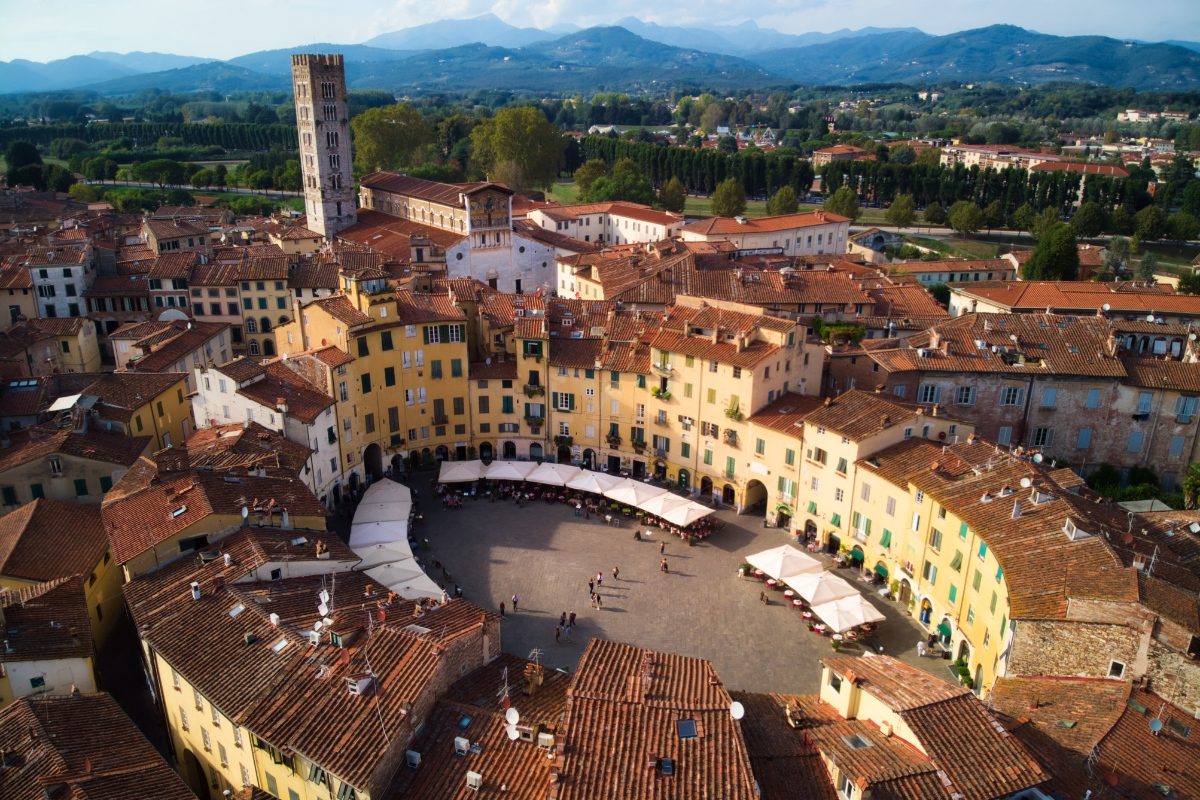 Aerial view of the Piazza del Anfiteatro in Lucca, Italy