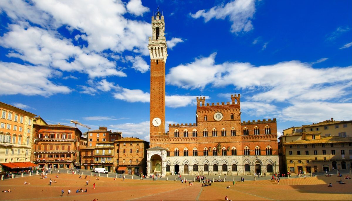 Panoramic view of Piazza del Campo and the skyline of Siena, Tuscany, Italy