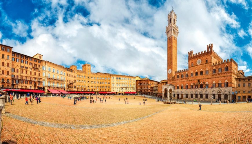 Panorama of the landmarks Piazza del Campo and Torre del Mangia in Siena, Tuscany, Italy