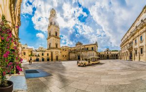 Panoramic view of the Piazza del Duomo and Cathedral of Lecce in Lecce, Puglia, Italy