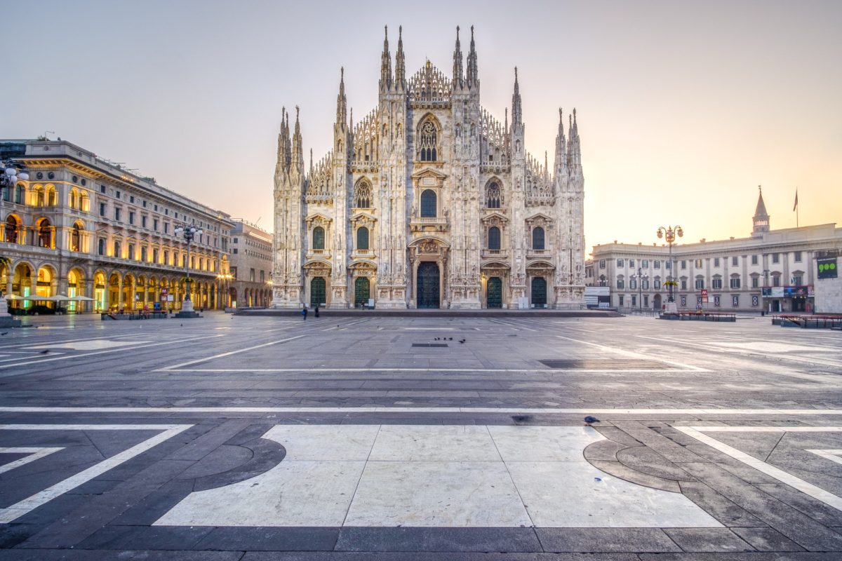 Piazza del Duomo and sunset view in Milan, Italy