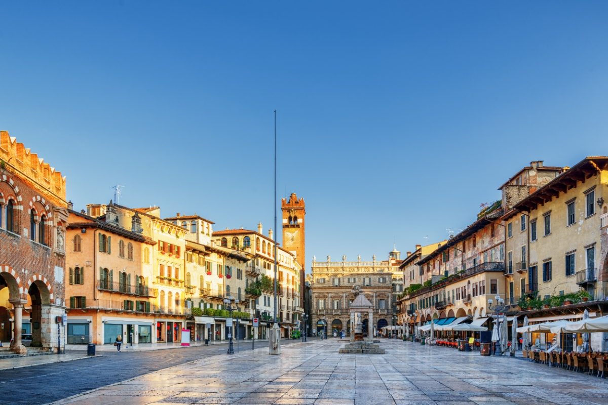 Sunset view at the Piazza delle Erbe and it's surrounding establishments in Verona, Italy