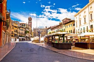 Piazza Delle Erbe market and street in Verona, Italy