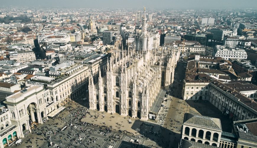 Aerial view of Piazza Duomo and Duomo di Milano in Milan, Italy