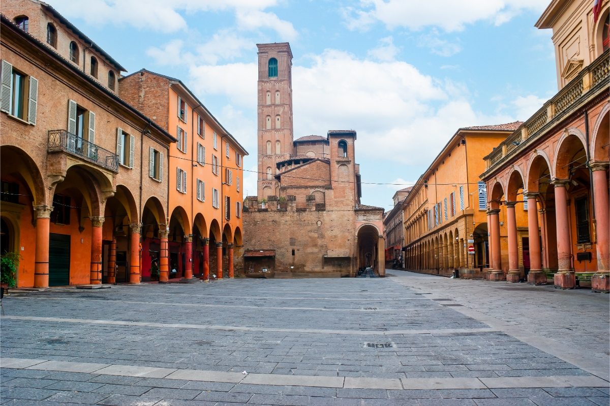 Panoramic view of the Piazza Giuseppe Verdi with the Oratory of Santa Cecilia in Bologna, Italy