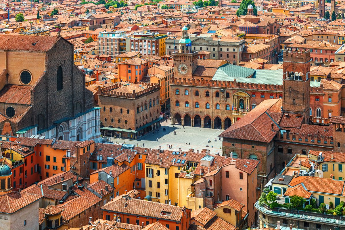 Aerial view of Piazza Maggiore and Bologna cityscape