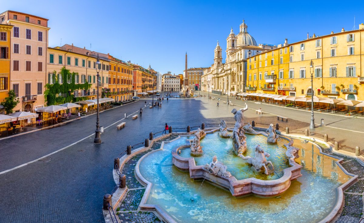 Sunset view of the Piazza Navona Rome square and fountain in Rome, Italy