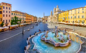 Sunset view of the Piazza Navona Rome square and fountain in Rome, Italy