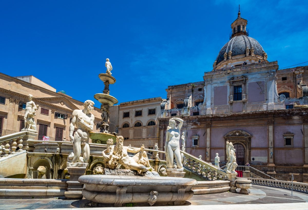 Panoramic view of the  the Praetorian Fountain at Piazza Pretoria in Palermo, Sicily, Italy