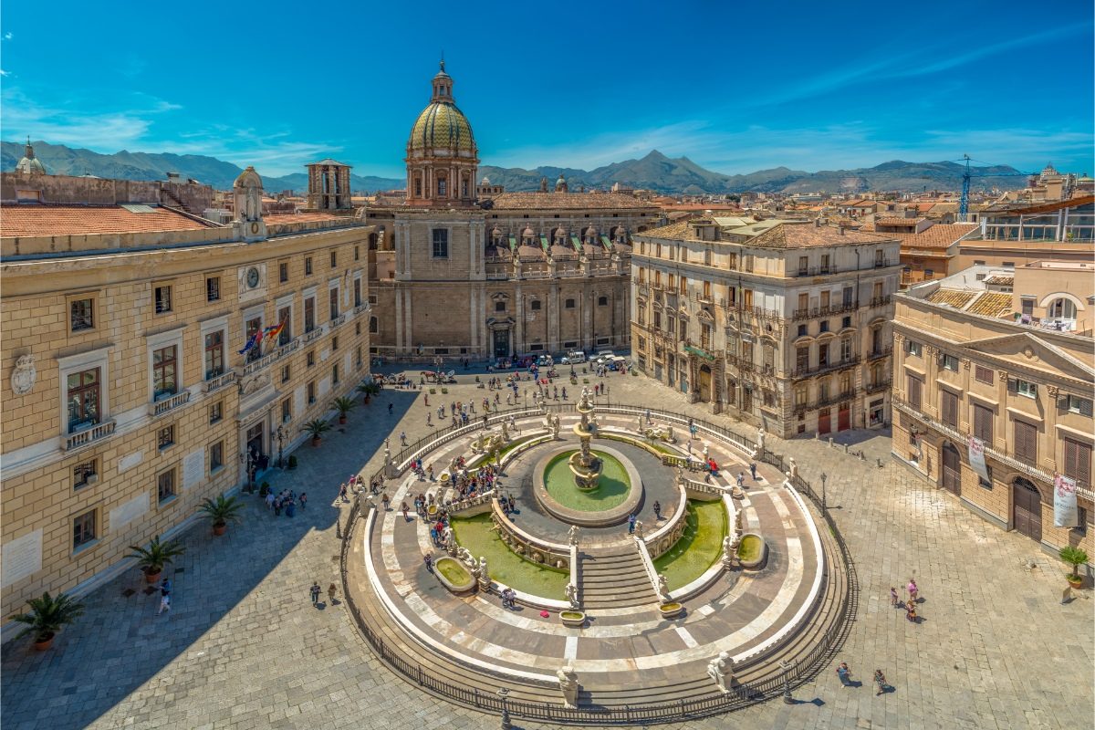 Aerial view of the Piazza Pretoria and the Praetorian Fountain in Palermo, Sicily, Italy