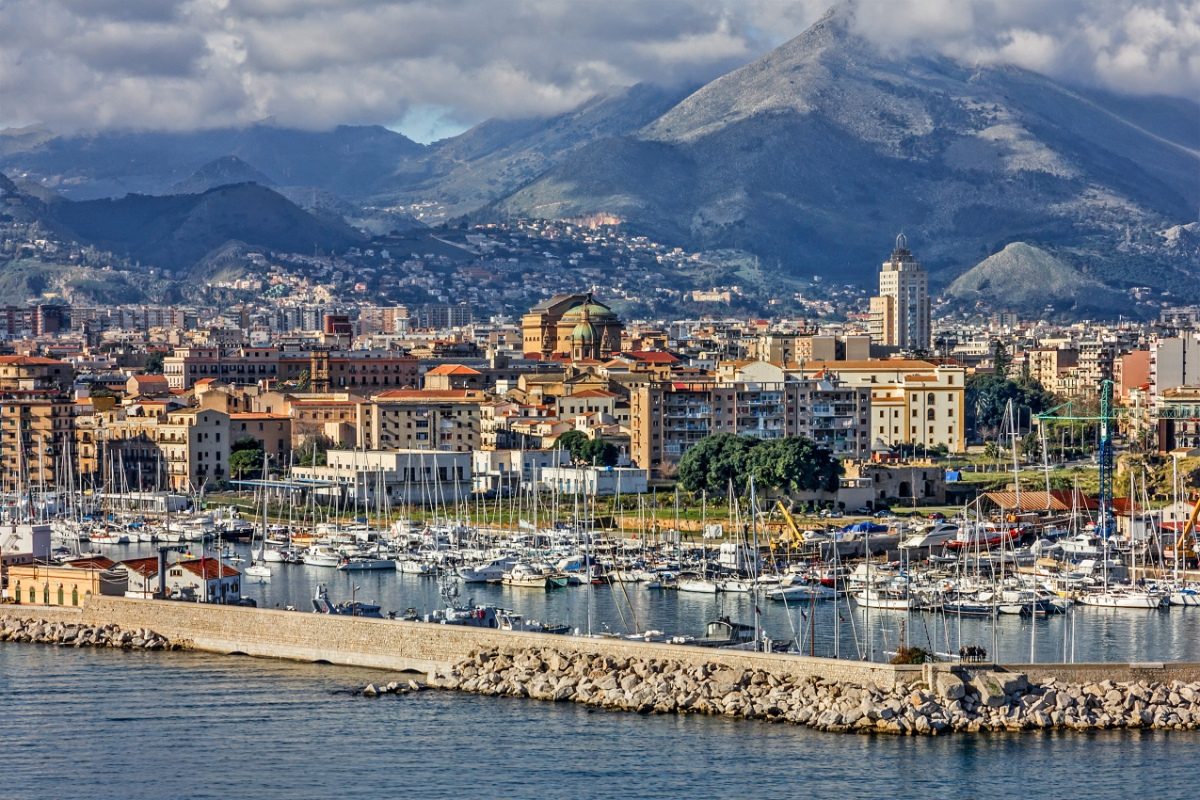 Panoramic view of the seafront and mountain in Palermo, Sicily, Italy 